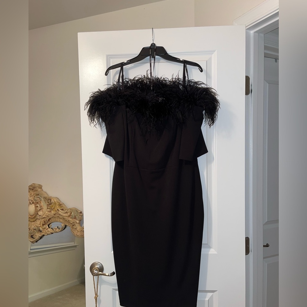 Calvin Klein Collection Black Strapless Dress with Feather Trim